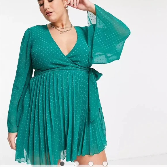 asos curve green dress ASOS Design Curve tie waist puff sleeve midi dress in khaki-Green